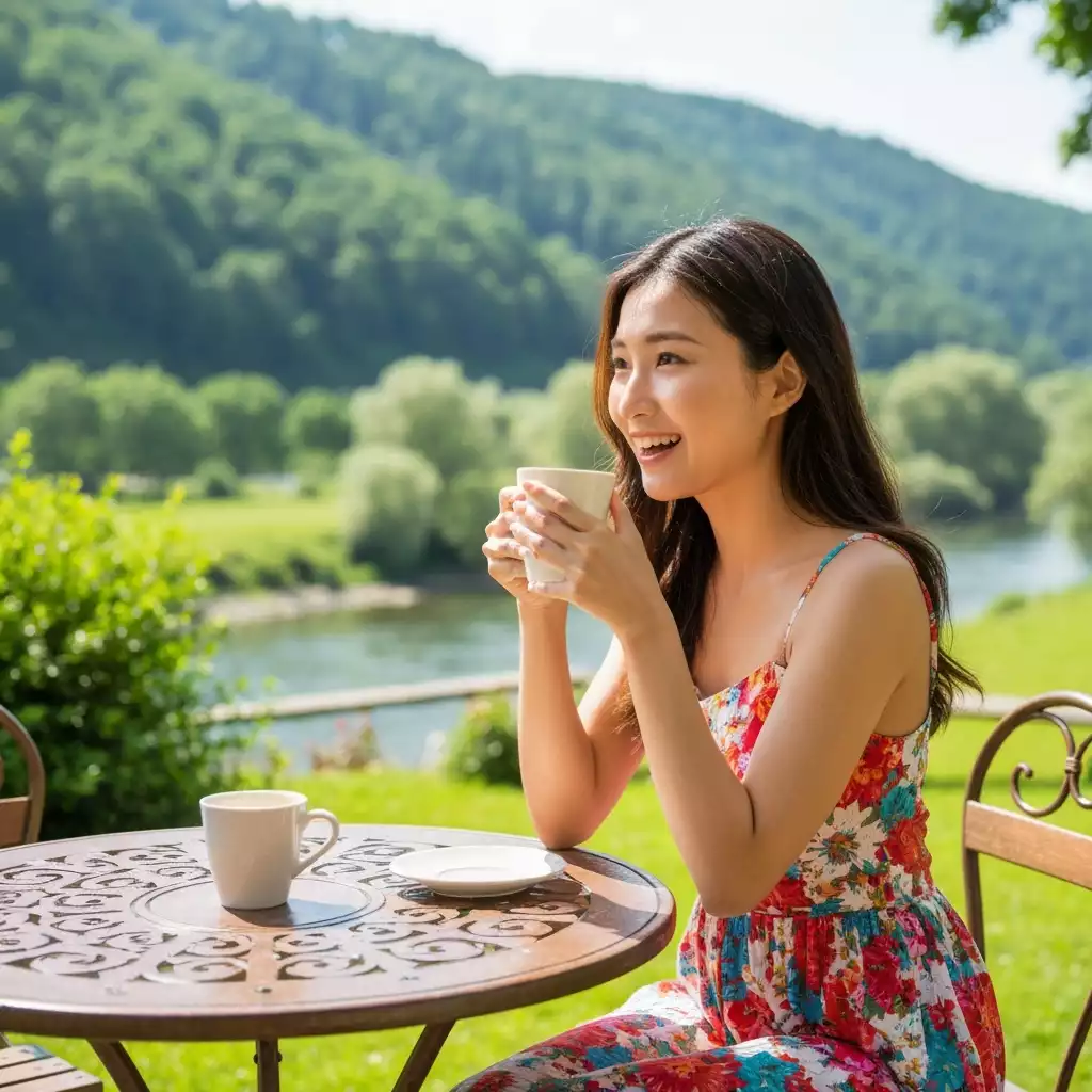 Person enjoying coffee with a view of lush green hills and a gentle river