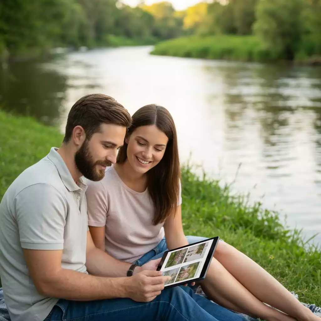 Couple looking at wedding venue options on a tablet by a river