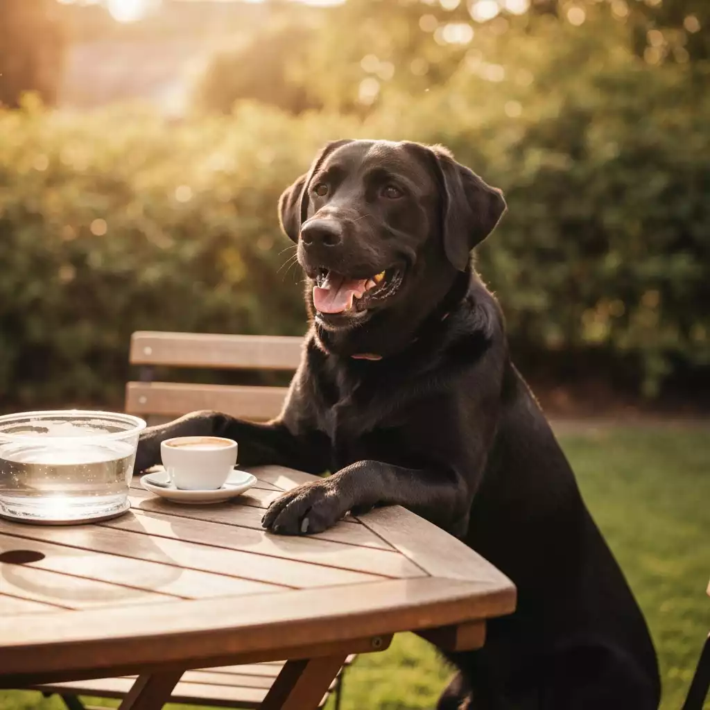 Happy dog sitting next to its owner at an outdoor cafe table in Kelmscott, with a water bowl and coffee, natural lighting, no text