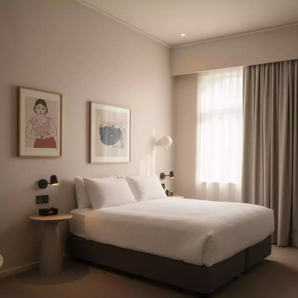 Relaxing scene in a boutique hotel room in Kelmscott, featuring unique amenities like local art, a comfortable bed, and warm lighting, no text, no words, no typography, 8K