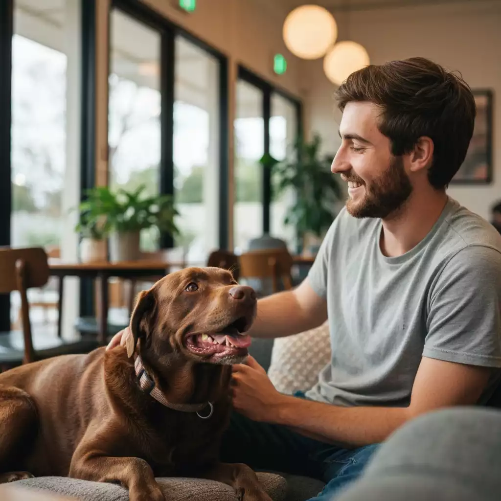 Happy dog and owner relaxing in a pet-friendly cafe, Perth Foothills, no text, no words, no typography, clean image