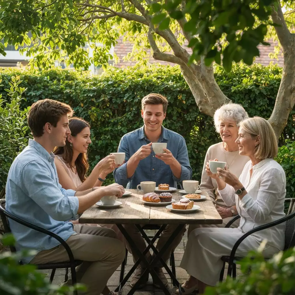 People enjoying coffee and pastries at an outdoor cafe in Kelmscott, surrounded by lush greenery, natural lighting, no text, no words, no typography, 8K