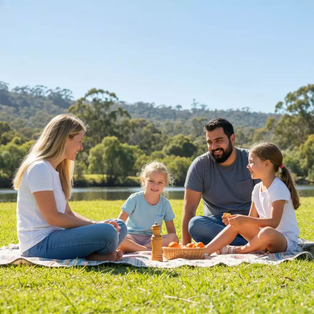 Family enjoying a picnic by the Swan River in Perth foothills
