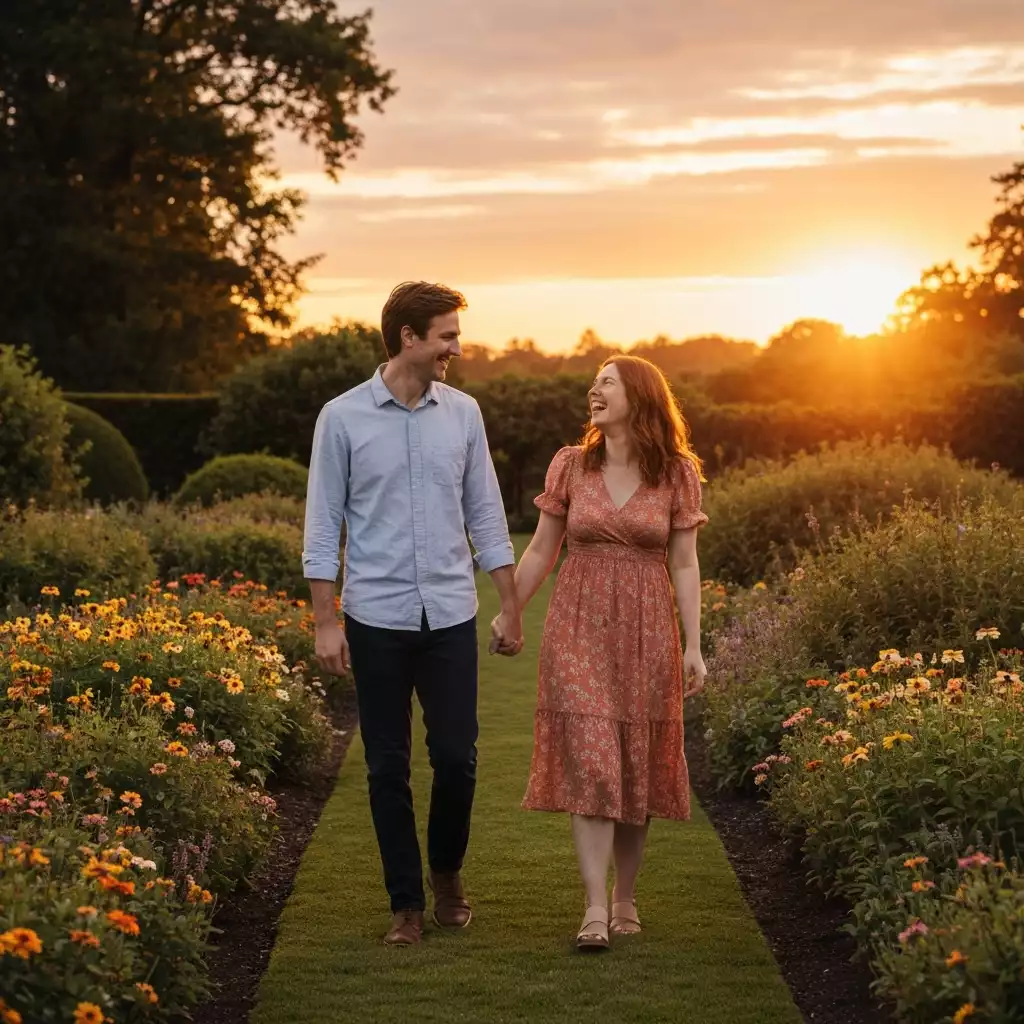 A couple holding hands, walking through a beautifully landscaped garden, natural light, joyful moment