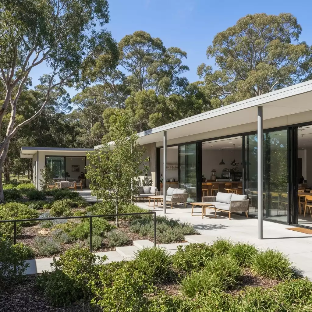 Modern cafe exterior in Perth Foothills with natural light and outdoor seating