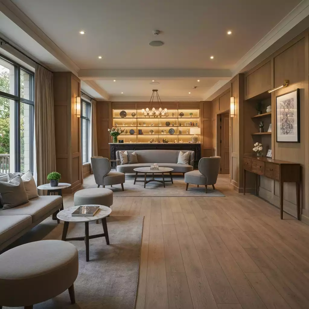 Luxurious and intimate boutique hotel reception area with personalized service, warm lighting, and unique local decor in Kelmscott, no text, no words, no typography, 8K