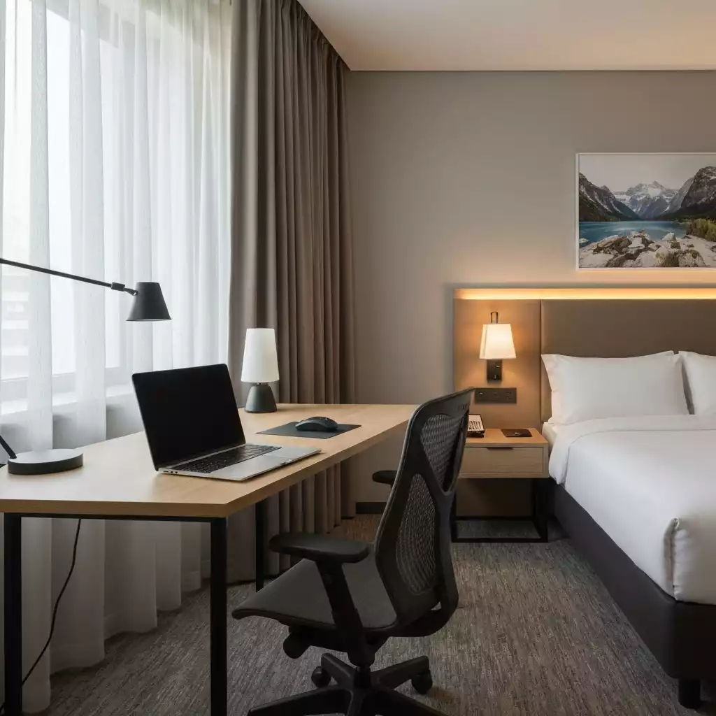 Modern hotel room with a dedicated workspace, laptop, and comfortable chair in Kelmscott