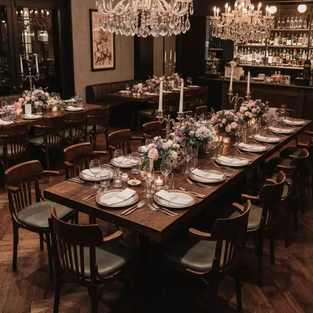 Elegant event setup in a cafe bar, showing decorated tables, mood lighting, and catering, ready for guests