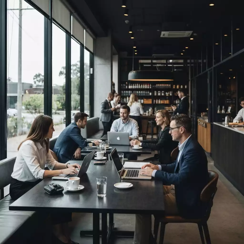 Business professionals networking in a modern cafe in Kelmscott, with laptops and coffee