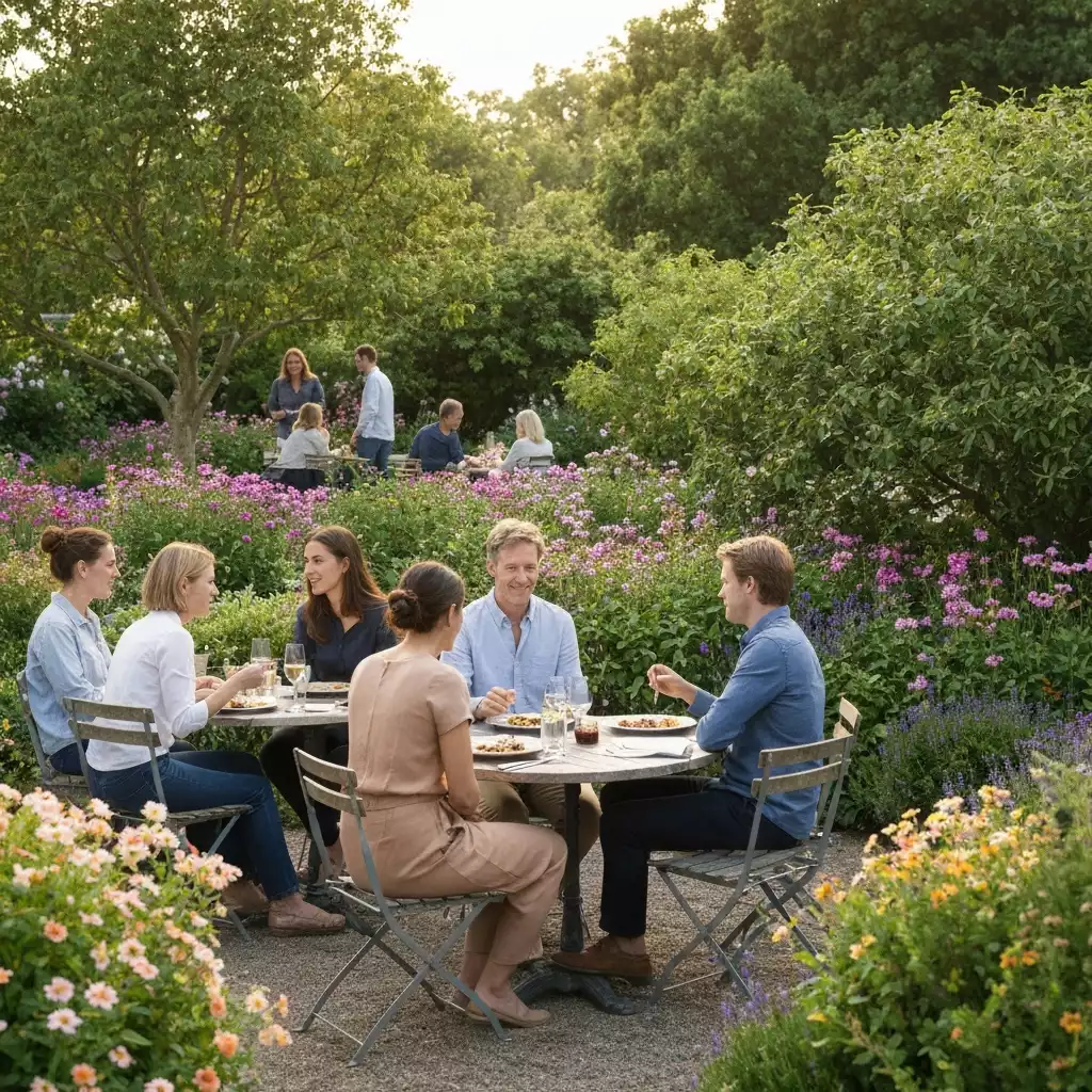 People enjoying a meal at an outdoor garden cafe in Kelmscott, lush greenery, natural lighting, no text, no words, no typography, clean image