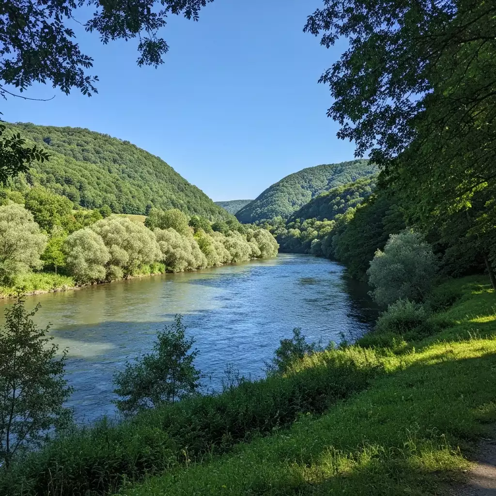 Scenic view of a river flowing through foothills with lush greenery, clear blue sky, demonstrating tranquility
