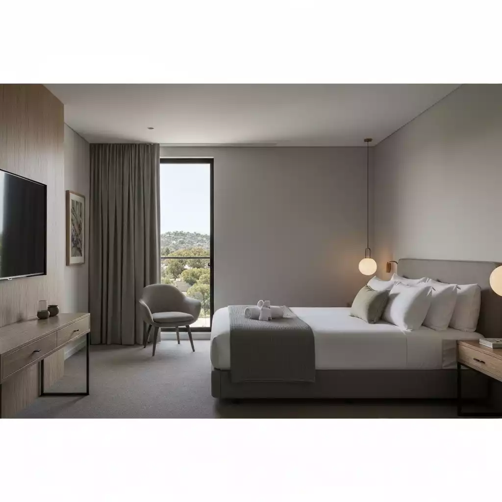Modern, comfortable room at Avocados Perth with natural light and a view of the Perth Foothills