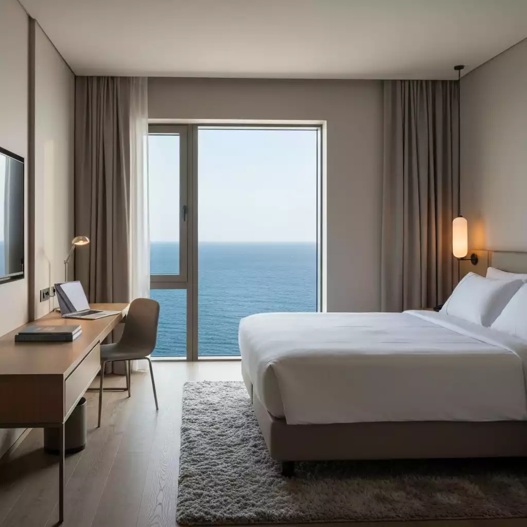 Modern hotel room with desk and laptop, ideal for business travelers