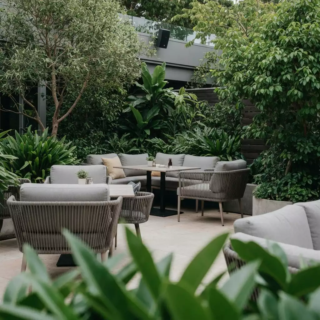 Beautiful alfresco dining setup at Avocados Perth with lush greenery and comfortable seating