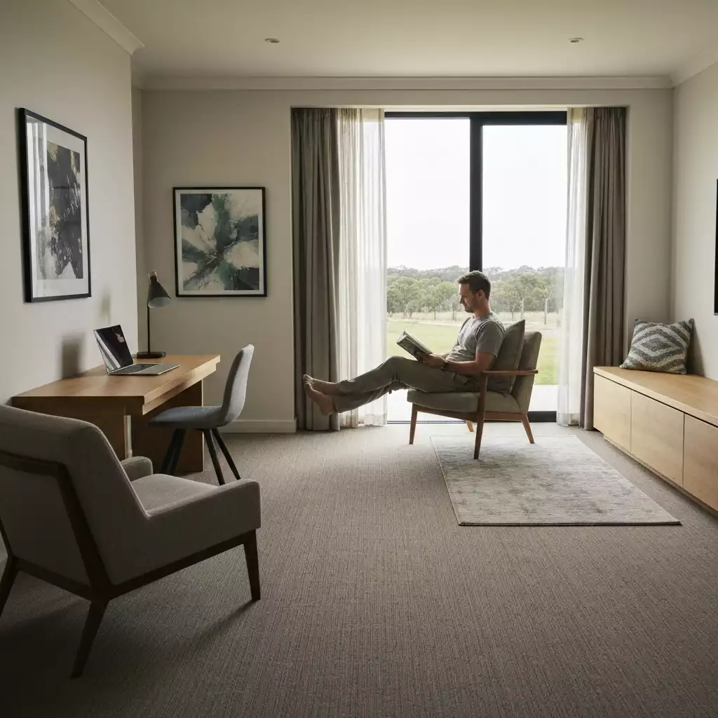 Person relaxing in a modern, well-appointed room at Avocados Perth, showcasing comfort and amenities