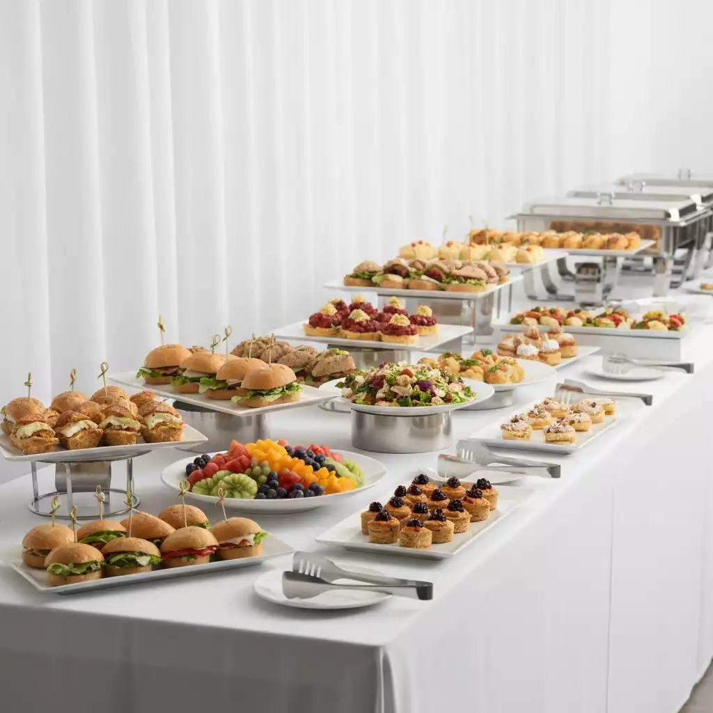 Diverse catering spread for a corporate event, featuring a variety of healthy and gourmet options on a beautifully arranged buffet table
