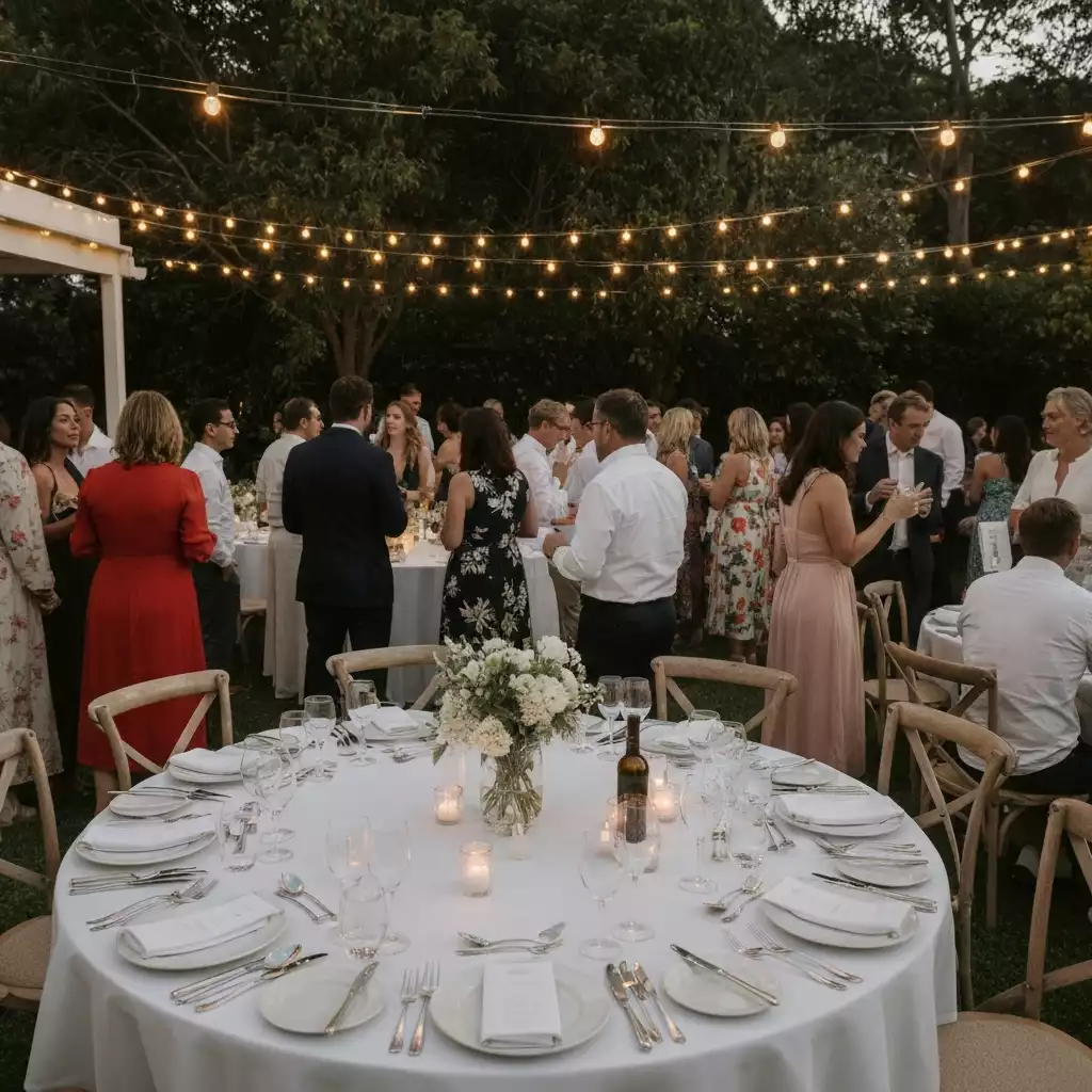 Elegant outdoor wedding reception at Avocados Perth with beautifully set tables and ambient lighting