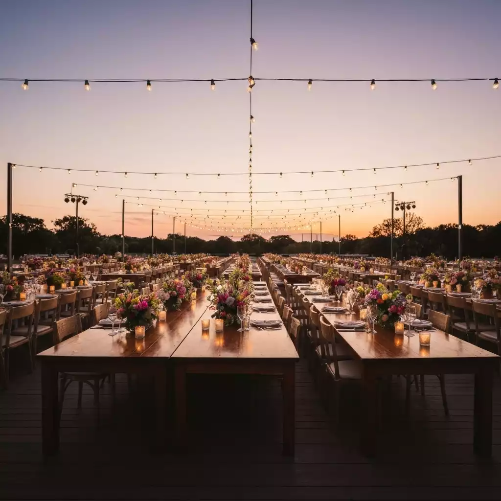 Elegant outdoor wedding reception setup at sunset with string lights
