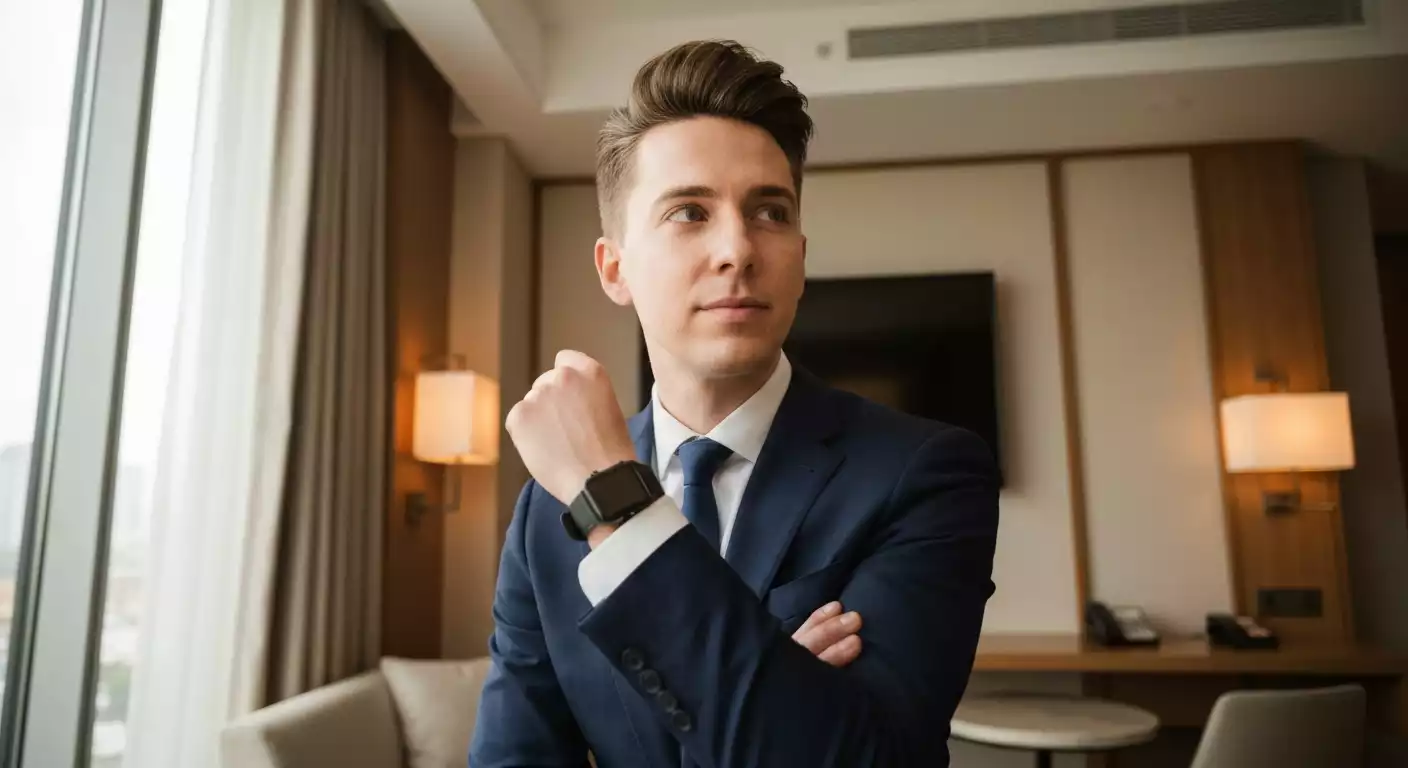 Professional looking business person working on a laptop in a comfortable, well-lit hotel room with a scenic view