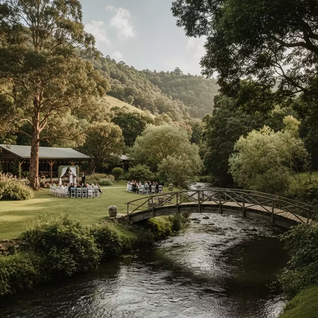 Charming riverside view of a rustic wedding venue