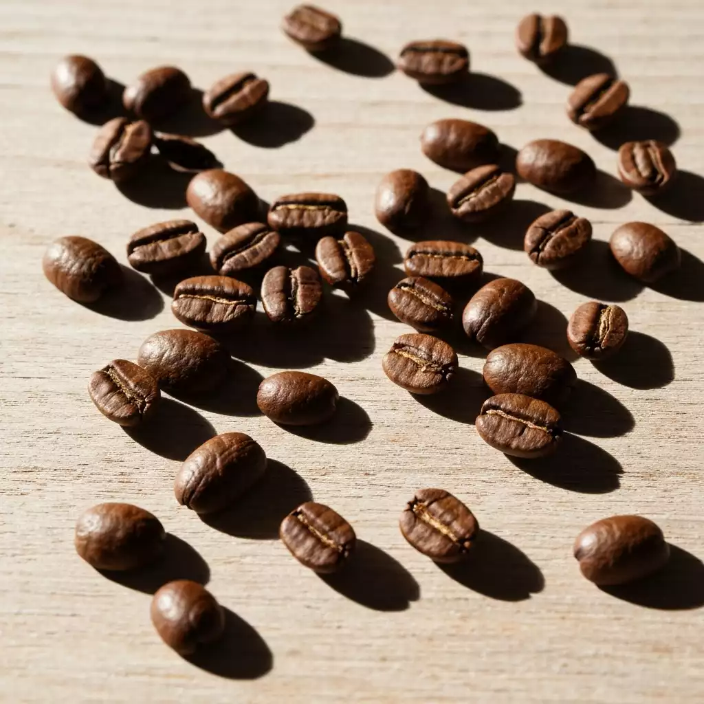 Close-up of freshly roasted coffee beans from Avocados Perth, rich dark brown, scattered on a wooden surface, no text, no words, no typography, 8K