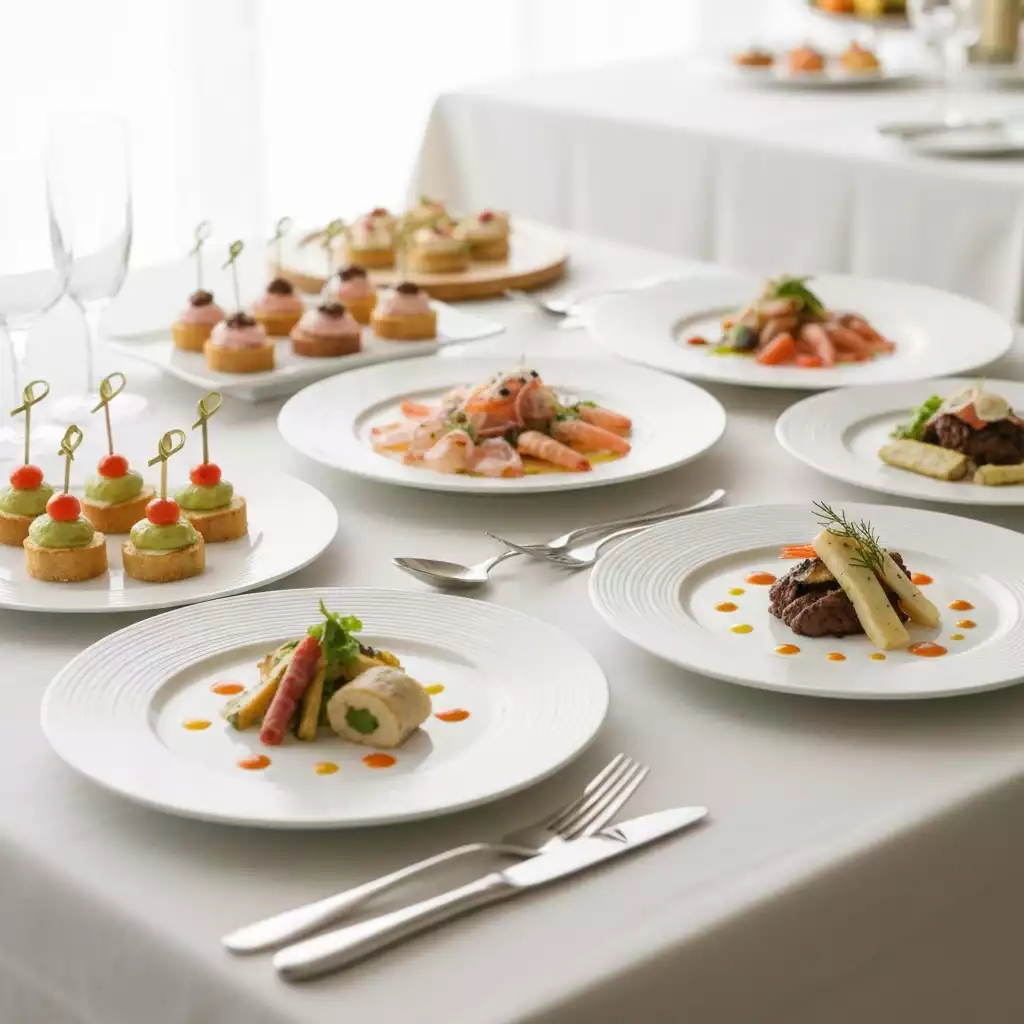 An array of beautifully presented wedding catering options including appetizers and main courses