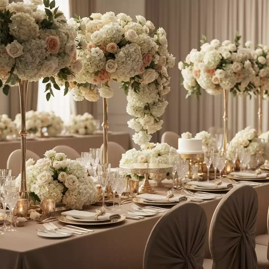 Elegant bridal reception setup with floral arrangements