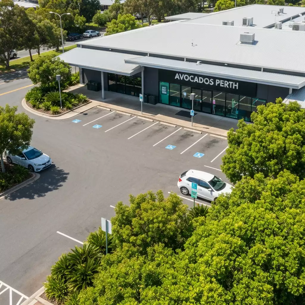 View of Avocados Perth exterior showing parking area
