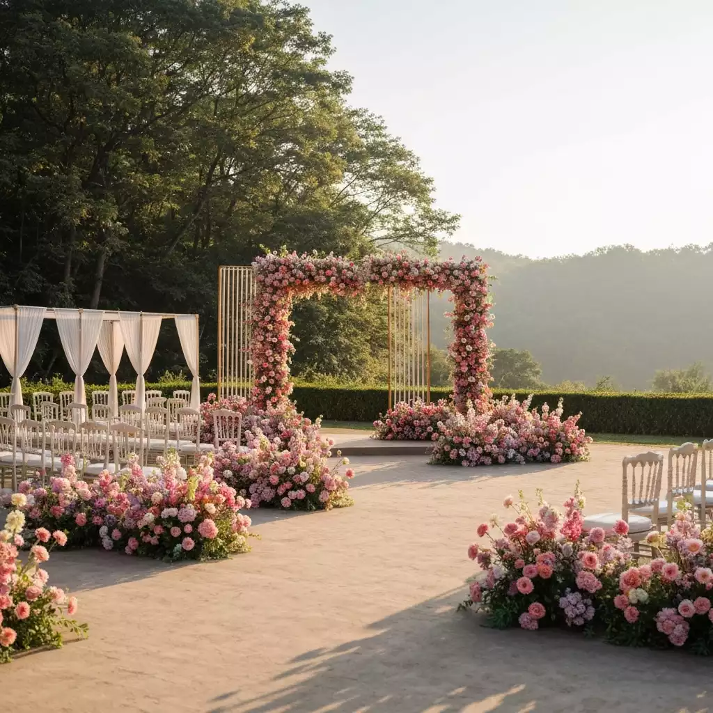Scenic wedding venue with floral decoration and elegant setup