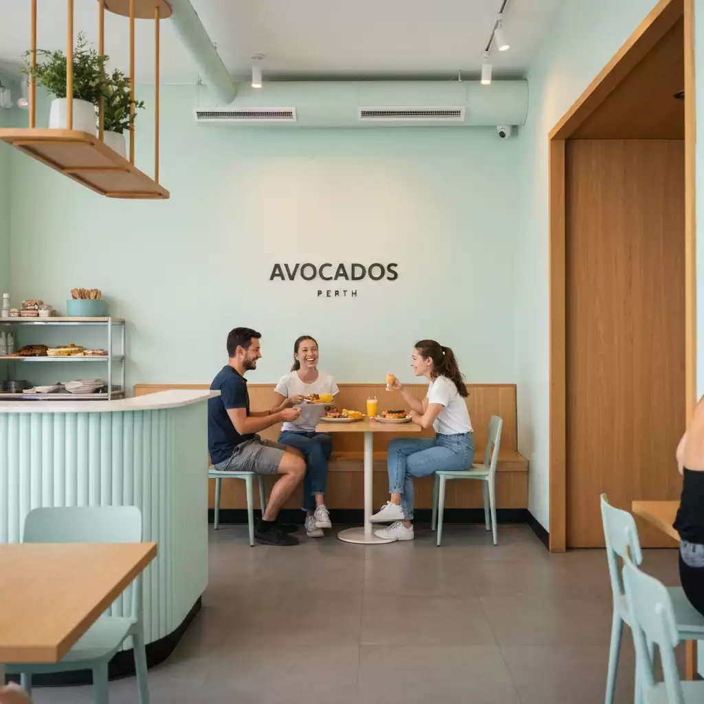 Interior view of Avocados Perth cafe with customers enjoying brunch